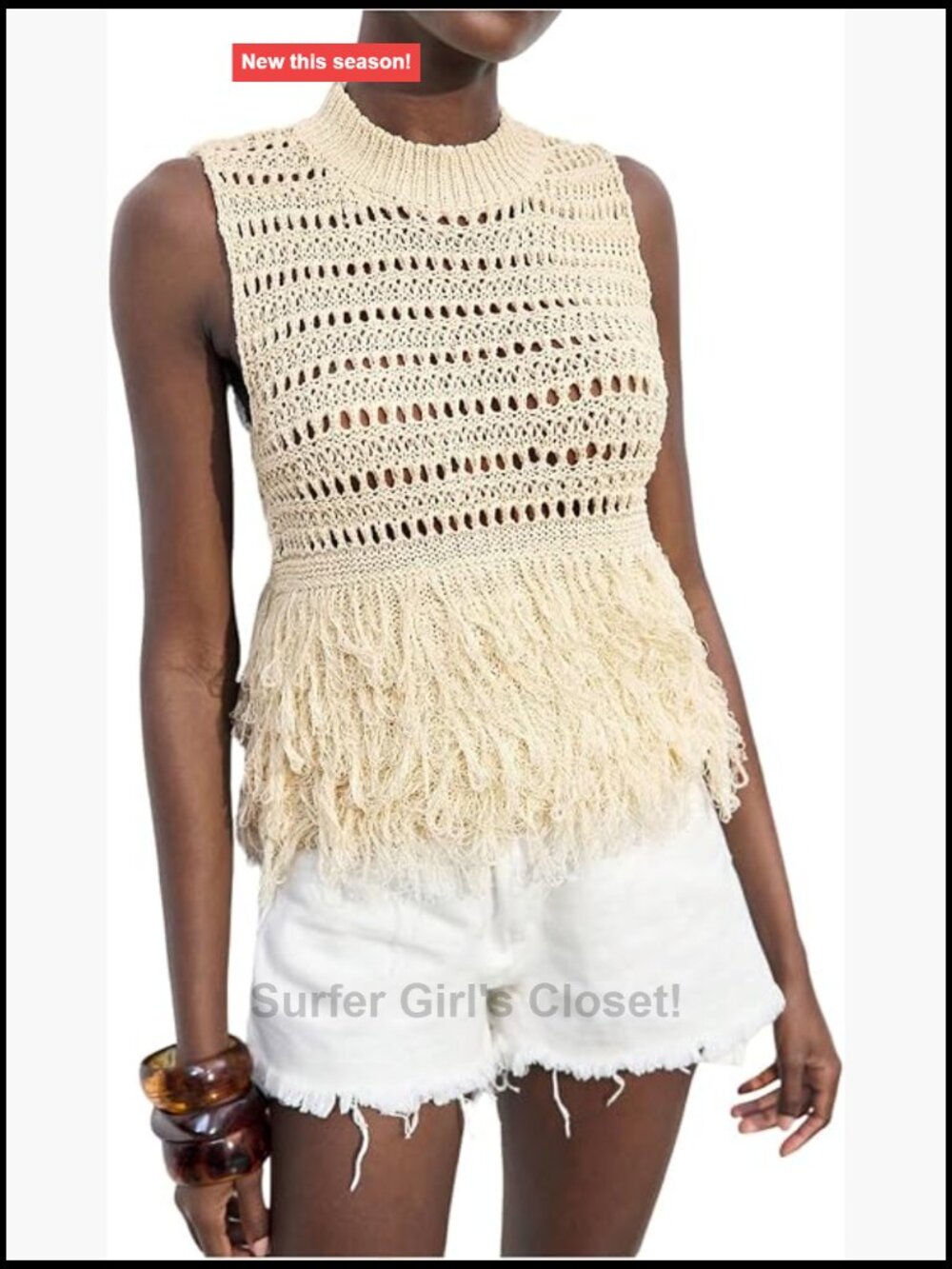 Crochet Knit Tank Top Fringe Hem Mock Neck Sleeveless Summer Boho
